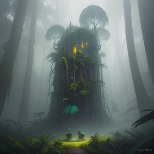 Golden Dragonfly in Surreal Jungle Ruins