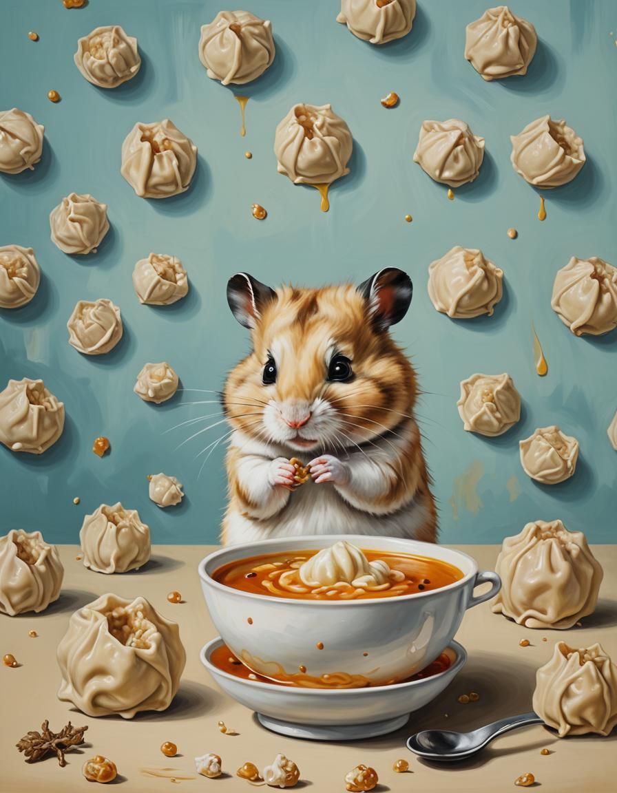 Hamster with Soup Dumplings in Surrealist Style