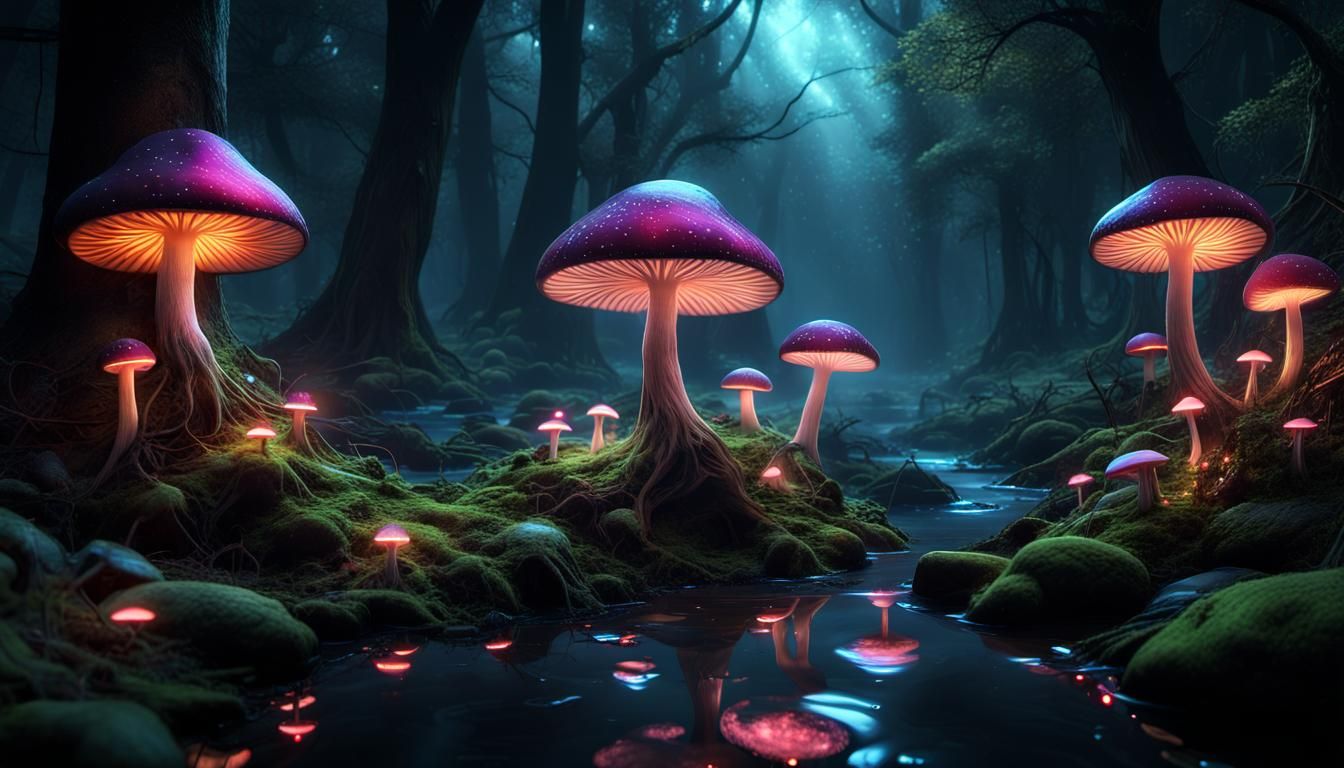 Enchanting Dark Fantasy Forest at Dusk with Glowing Mushroom...
