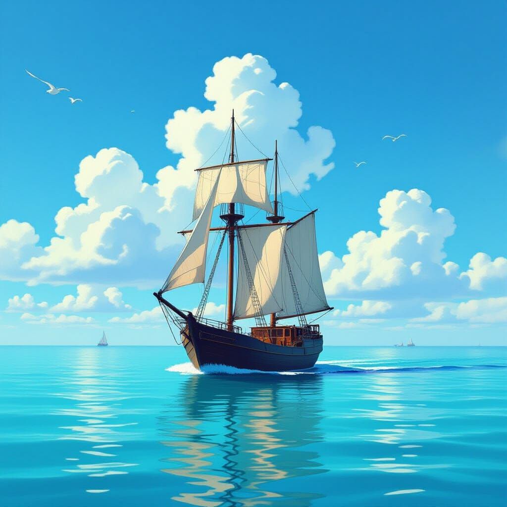 Sailing Ship on Turquoise Waters with Dreamy Sky