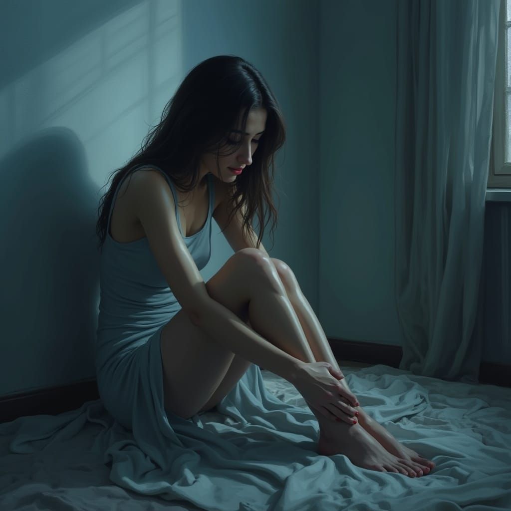 Sad Young Woman in Form-Fitting Dress at Home