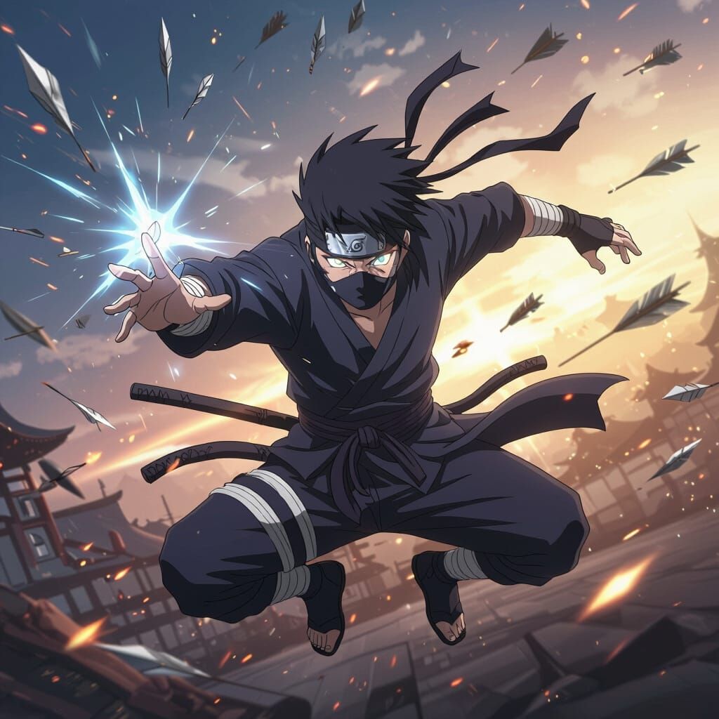 Anime Ninja Deflects Storm of Weapons in Mid-Air Combat