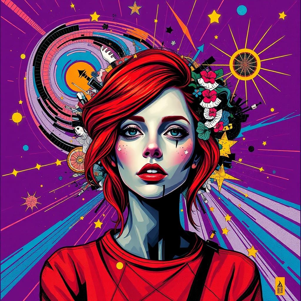 Kaleidoscopic Dada Portrait of Red-Haired Woman