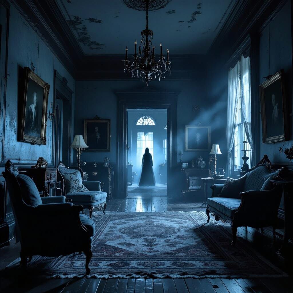 Haunted Mansion Living Room With Antique Furniture and Ghost