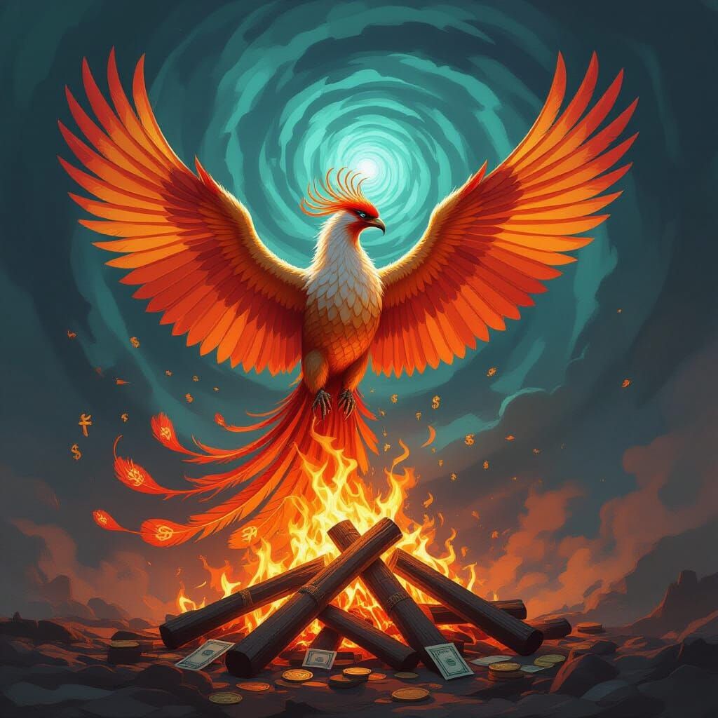 Phoenix Rises from Burning Banknotes in Fantasy Style