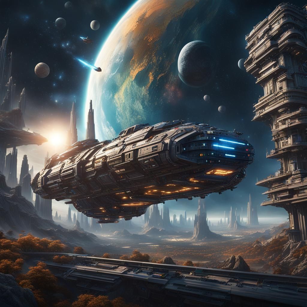 A colossal, city-sized spaceship hurtling through the galaxy on a mission to explore the furthest reaches of the univers...