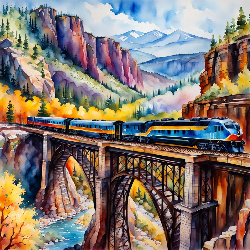 Passenger Train on Bridge in Colorado Watercolor