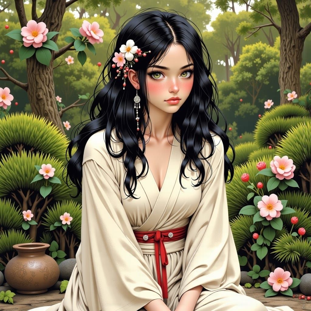 Japanese Woman in Tea Garden, Anime Style