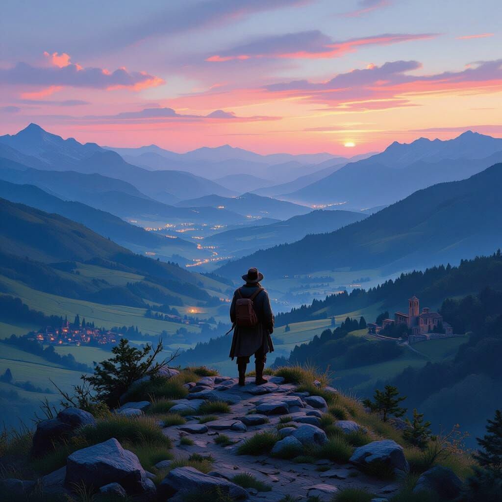 Lone Traveler Surveys Twilight Hills Inspired by Bierstadt a...