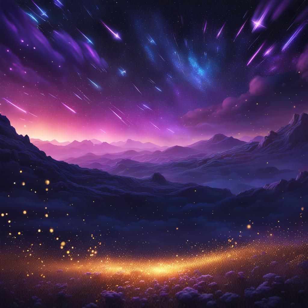 Golden Shooting Stars in a Blue and Purple Night Sky