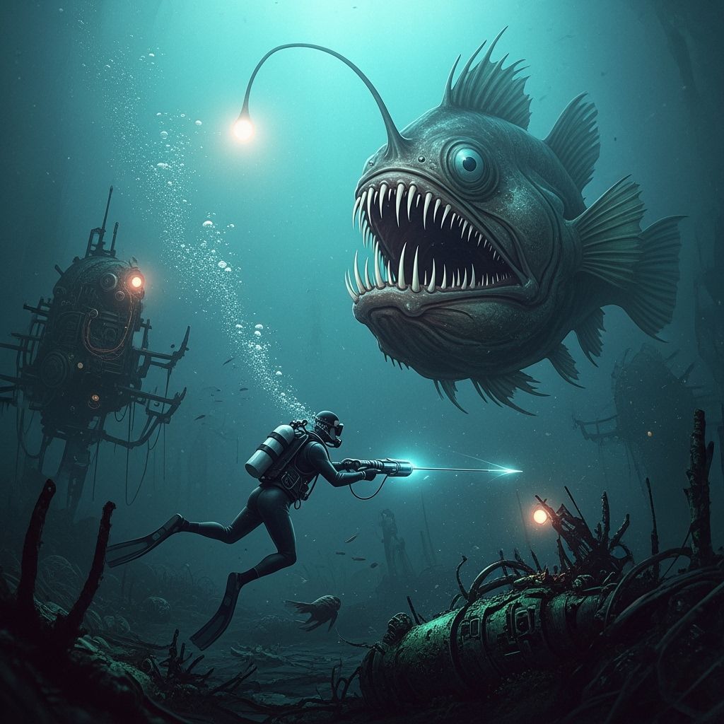 Diver's Deep-Sea Battle: Eerie, Bioluminescent Anglerfish