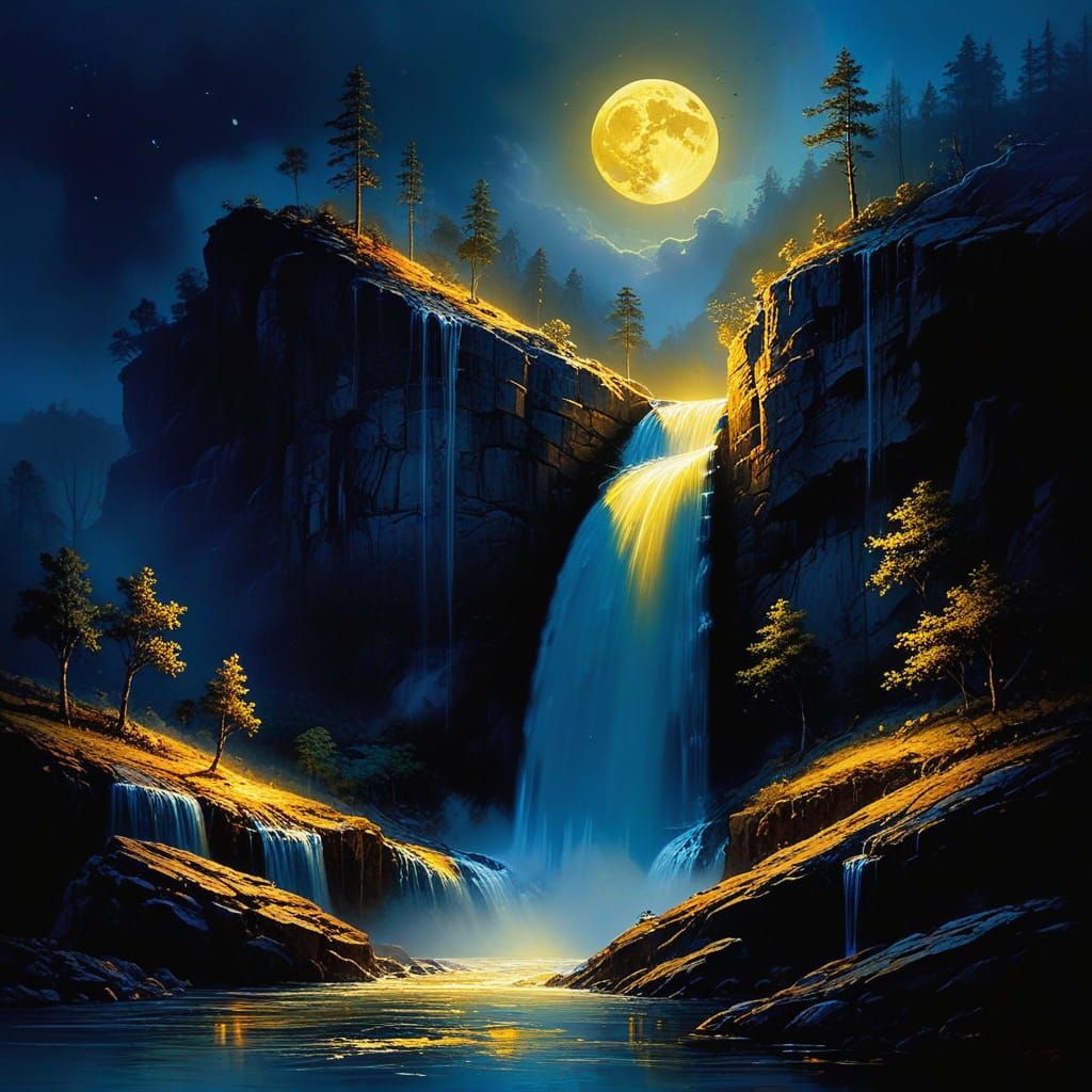 Golden Moonlit Waterfall in the Australian Wilderness