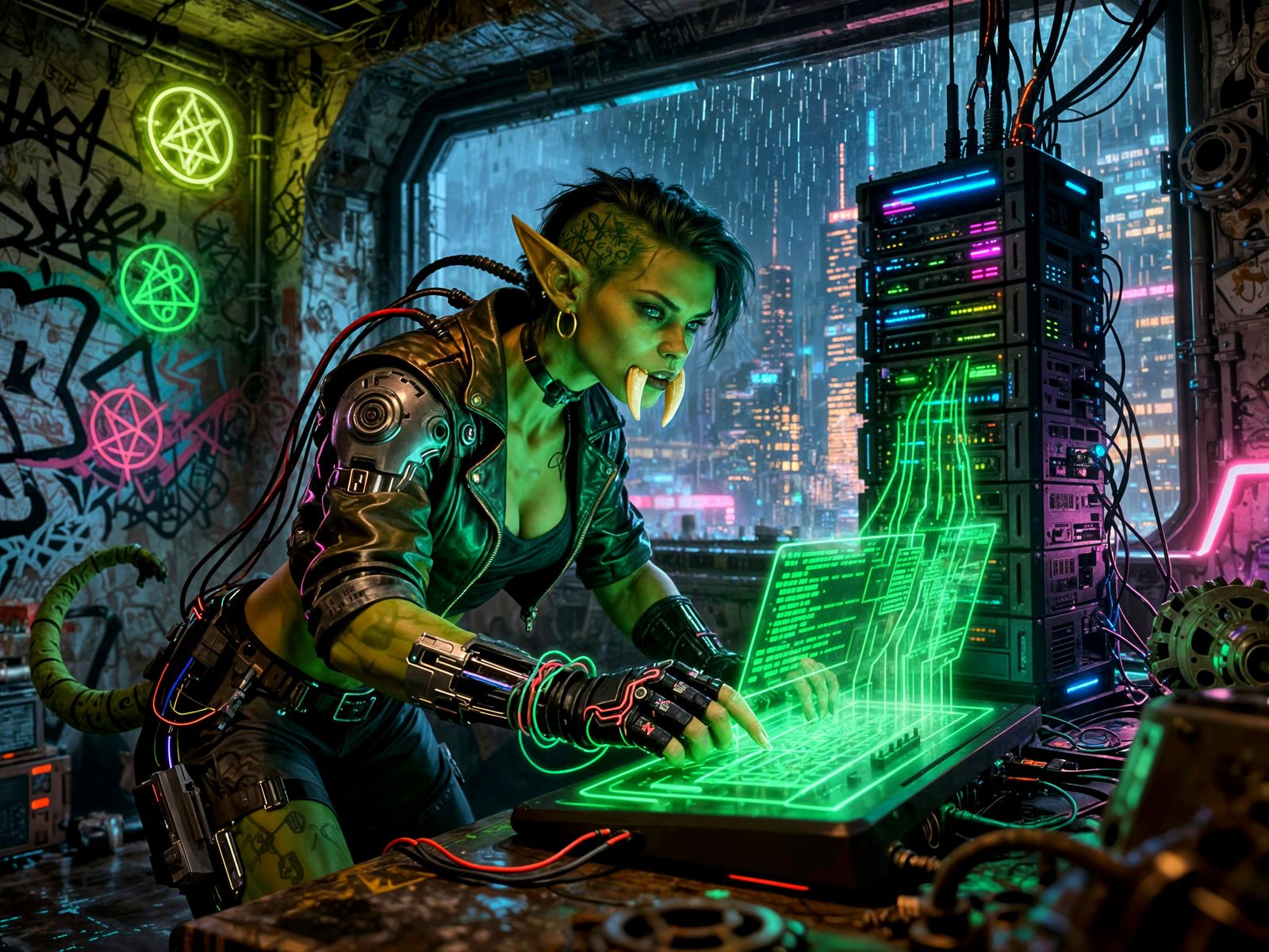 Cyberpunk Orc Hacker in Neon-Lit Den