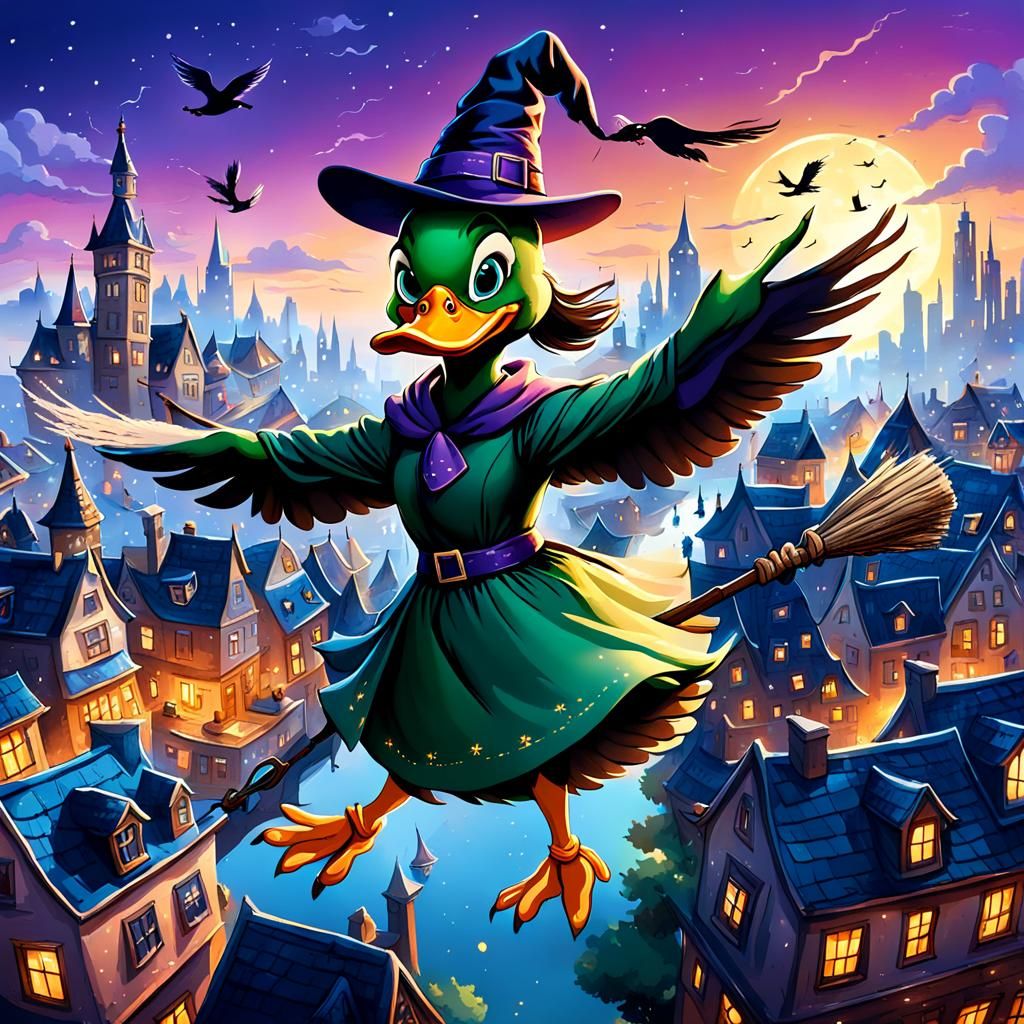 Duck Witch Flies Over Cartoon City at Twilight