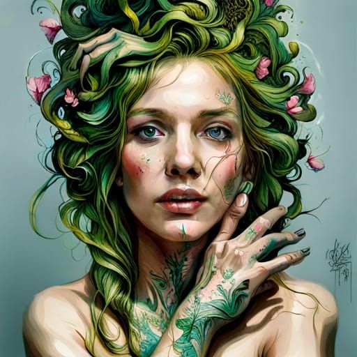 Human Hand Wrapped in Flowering Vines: Hyperreal Splash Art