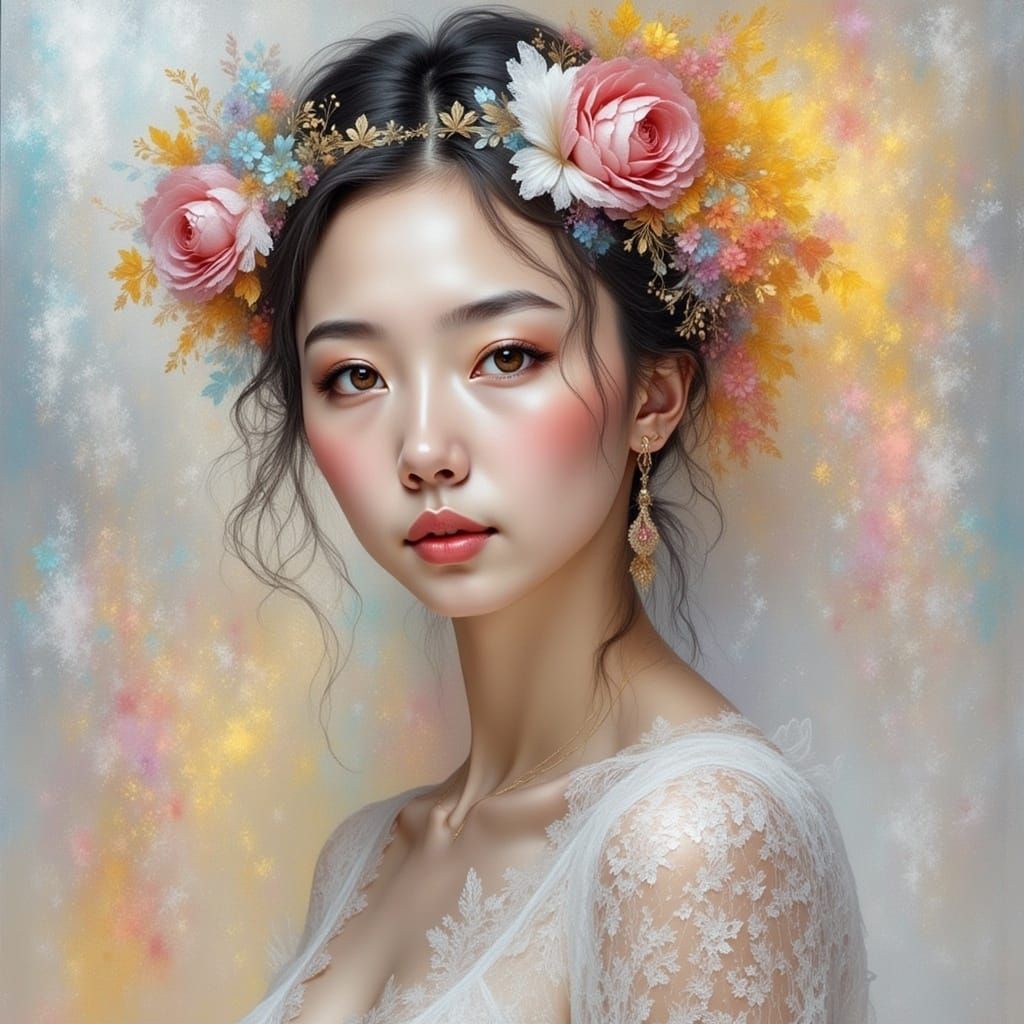 Silver Rainbow Portrait in Floral Watercolor Style