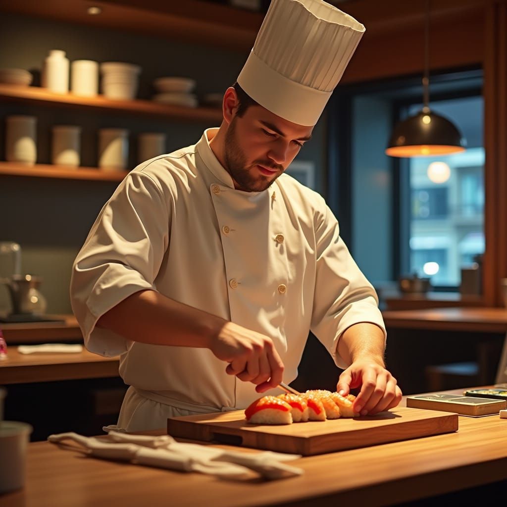 Chef Prepares Sushi in Modern Tokyo Restaurant