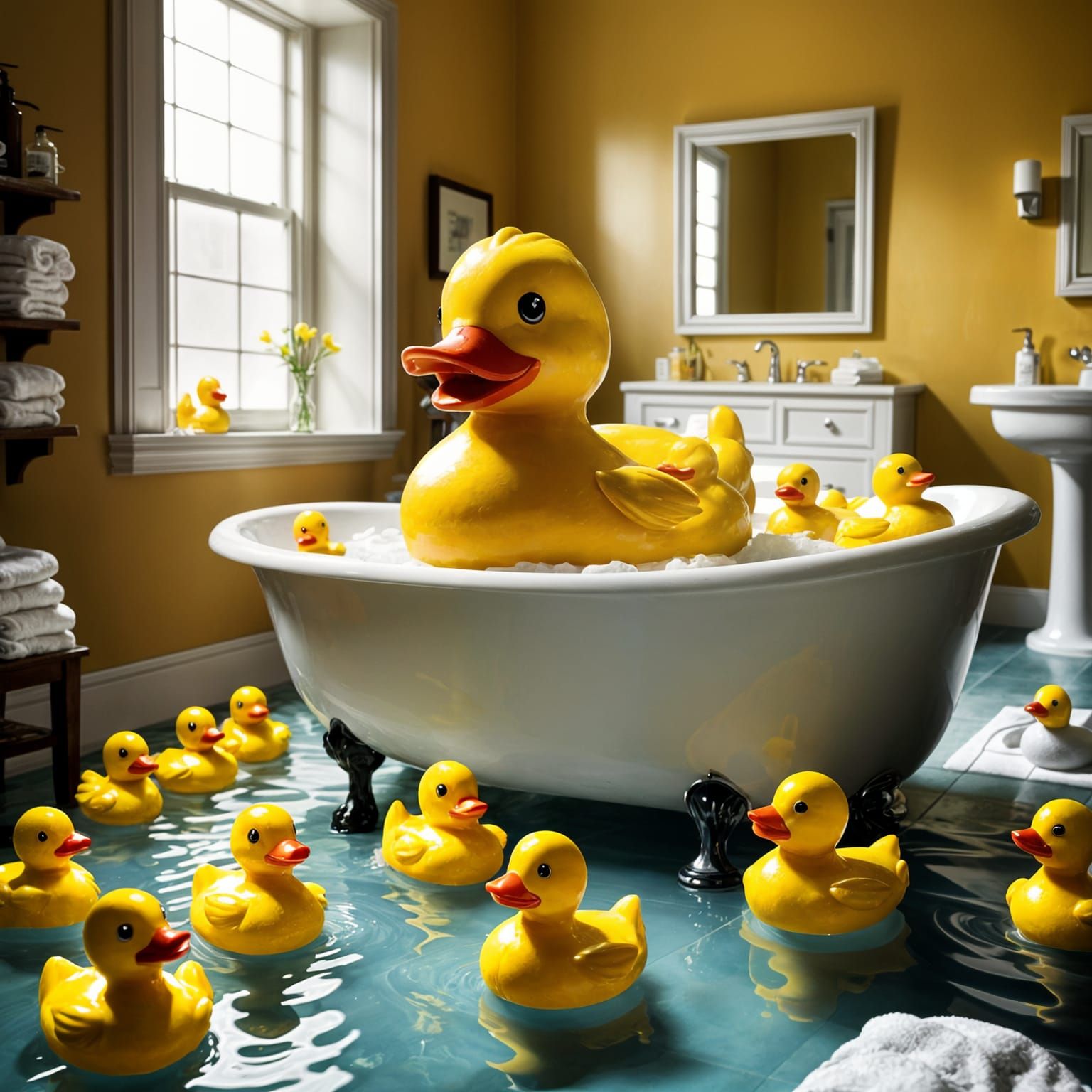 Vibrant Yellow Rubber Duck Wonderland in a Spacious Bathroom