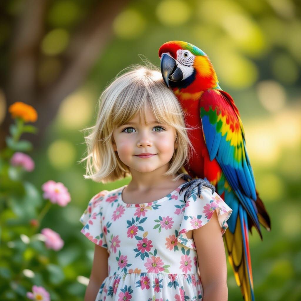 Realistic Girl with Parrot Near Flowers, Nature Photo Style