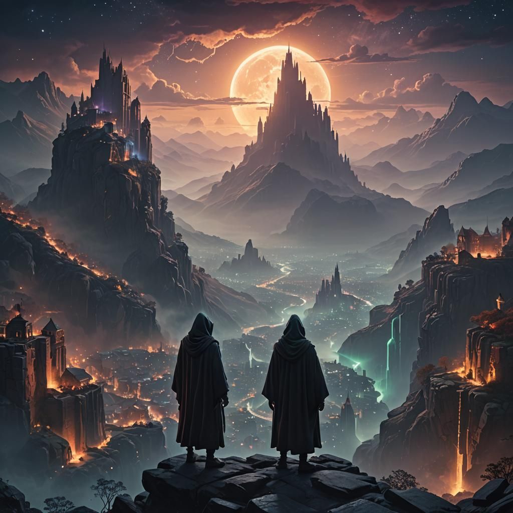 Mystical Cityscape Overlook: Dark Fantasy Concept Art