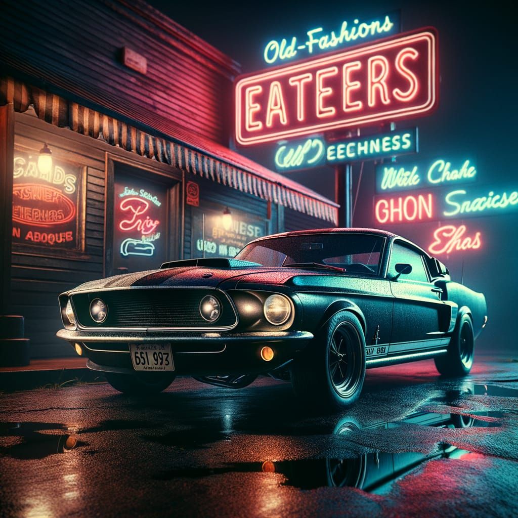 1969 Shelby Mustang at Retro Diner Under Neon Lights