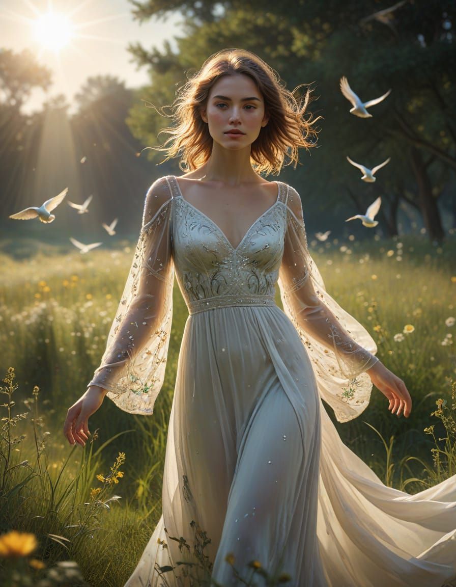 Whimsical Fantasy Maiden Dances in Vibrant Spring Meadow