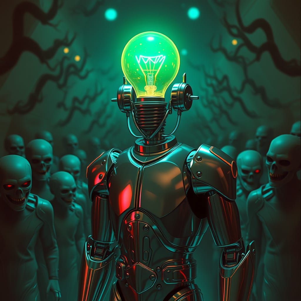 Retro-Futuristic Robot Surrounded by Vampires