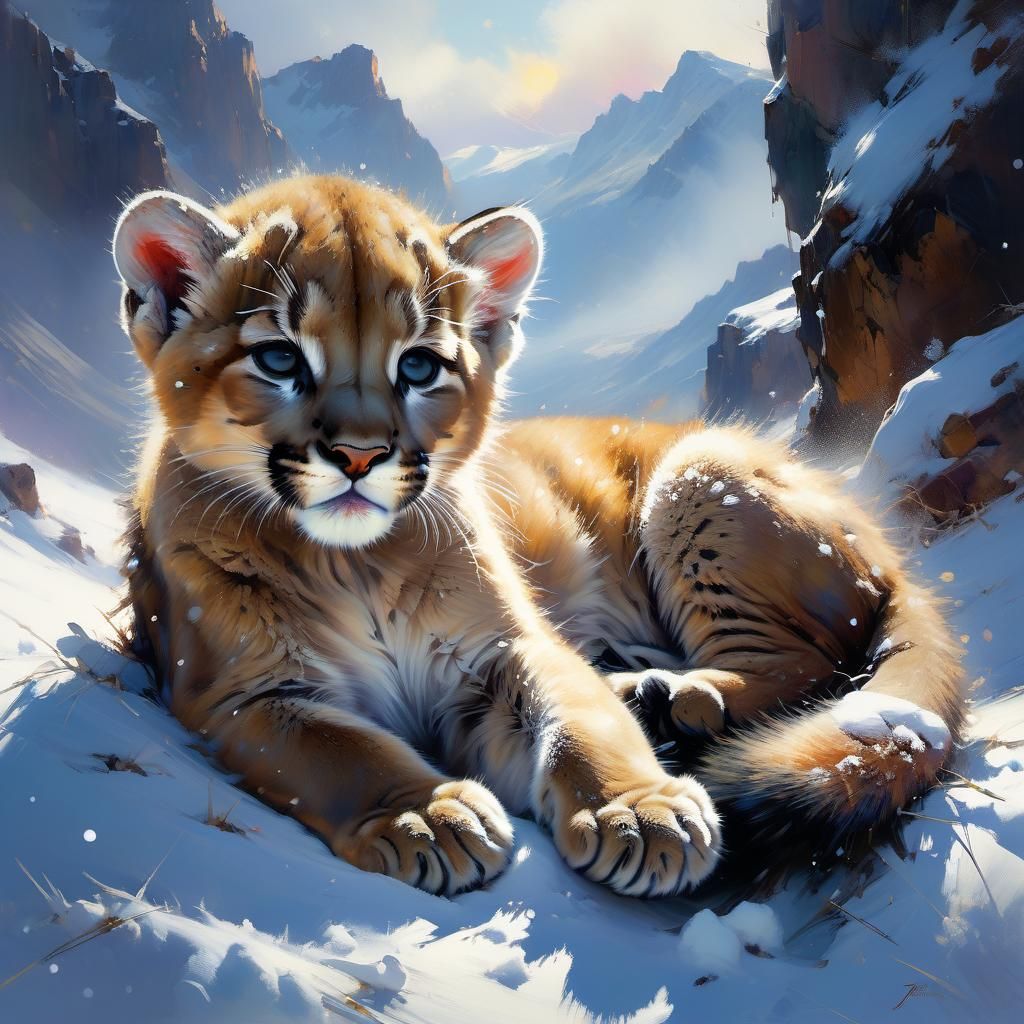Sleeping Mountain Lion Cub in Snow, Matte Painting