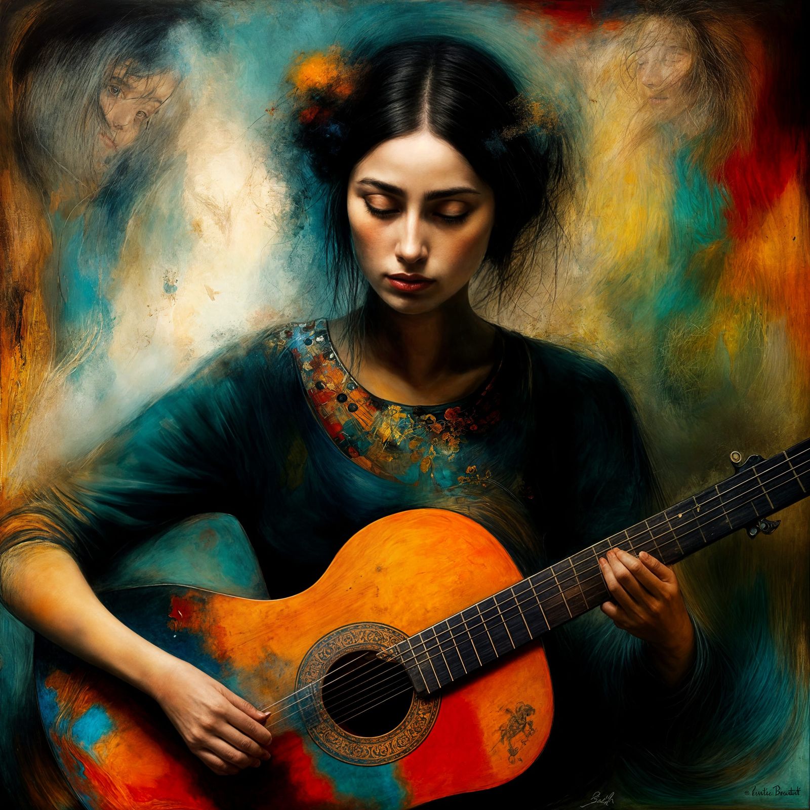 Woman Playing Guitar in Moody Mixed Media Portrait
