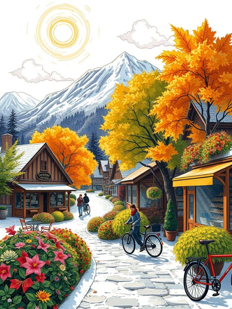 Winter Floral Garden with Amber Hued Autumn Leaves and Snow-...