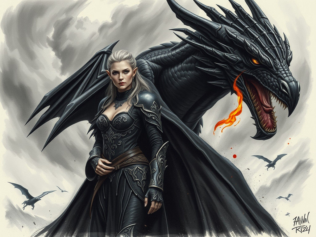 Dark Elf and Dragon in Storm, Charcoal Drawing