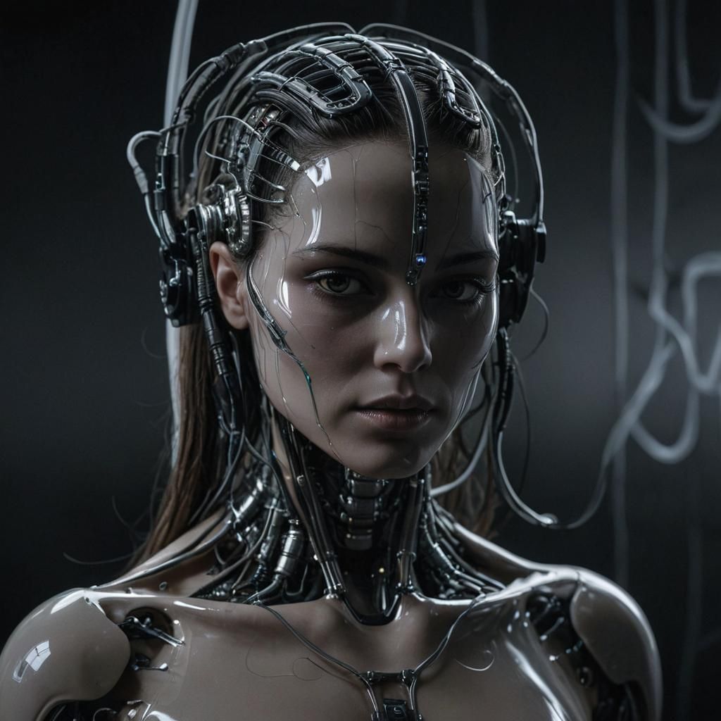 profile Photography, in front of a black wall, a cyborg woman head without body, connected by cables and wires and LED, ...