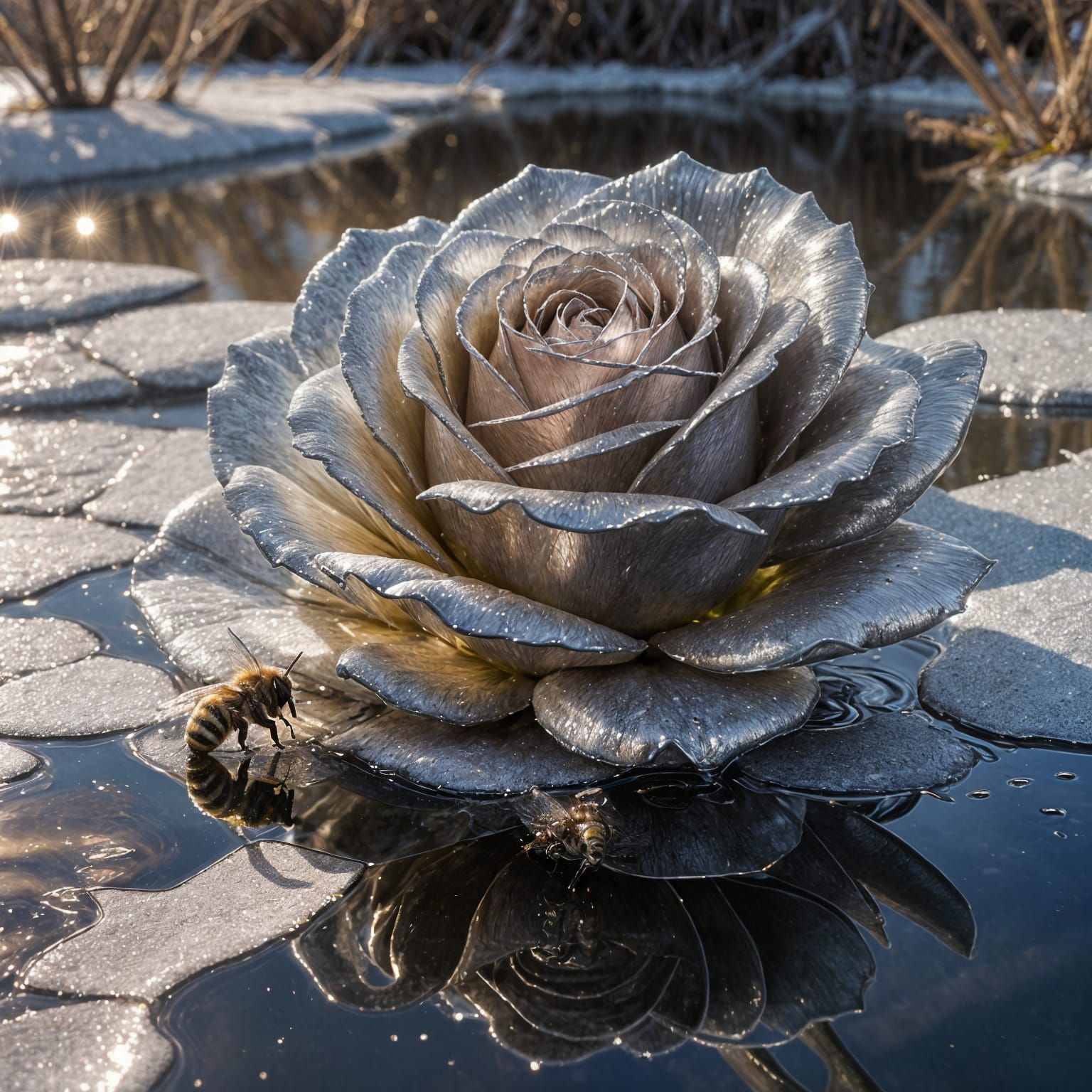 Metallic Silver Rose Reflected in Frozen Pond