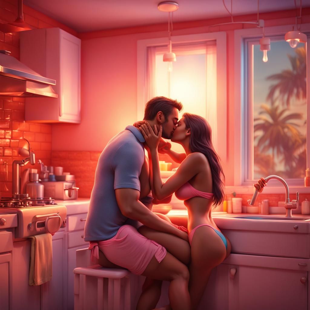 Romantic Couple Kissing in Kitchen, 3D Digital Art