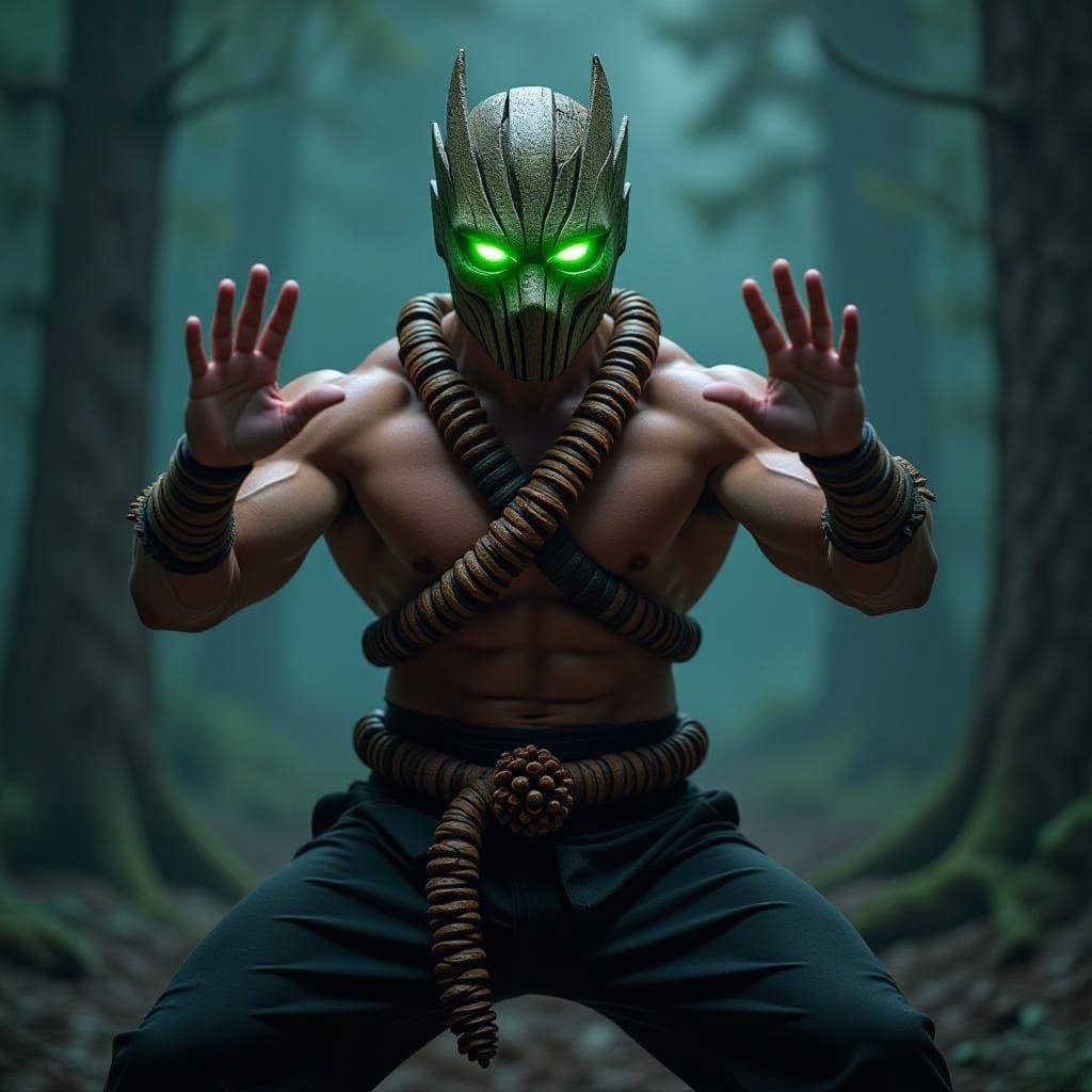 Spruce Lee: Martial Artist With Sap-Glow Aura in Dark Forest