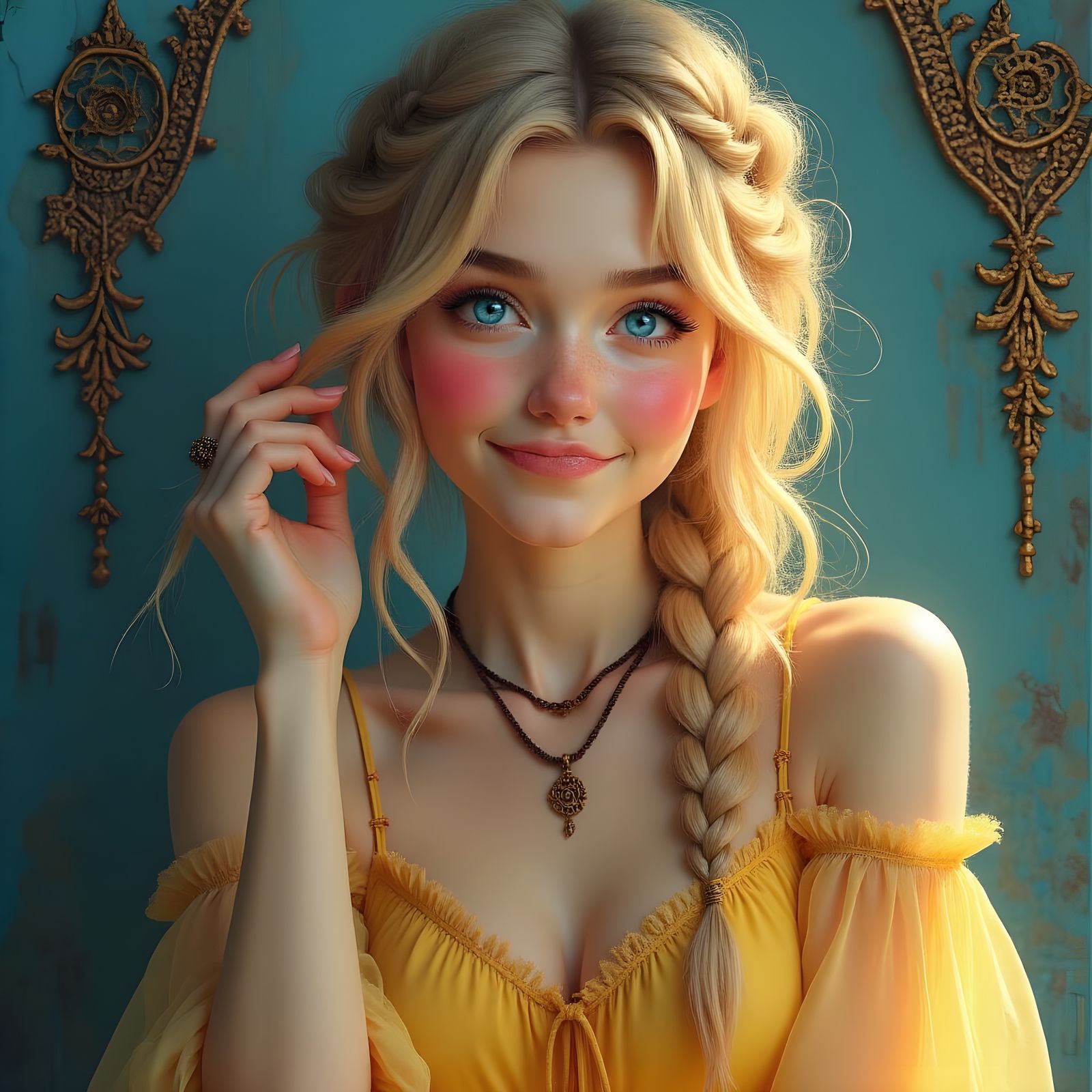Norse Goddess Lofn Smiling in Flowing Yellow Dress