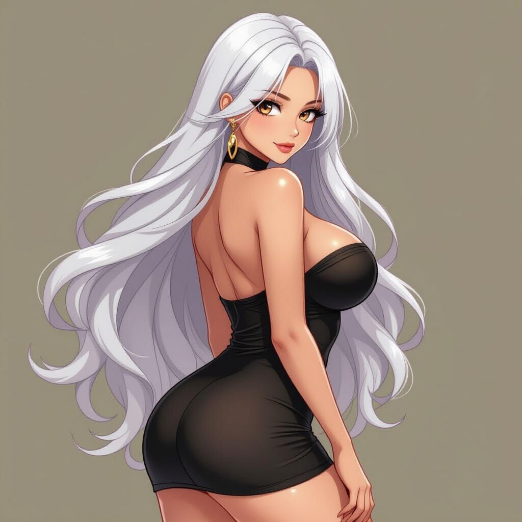 Anime Woman with White Hair and Curvy Figure