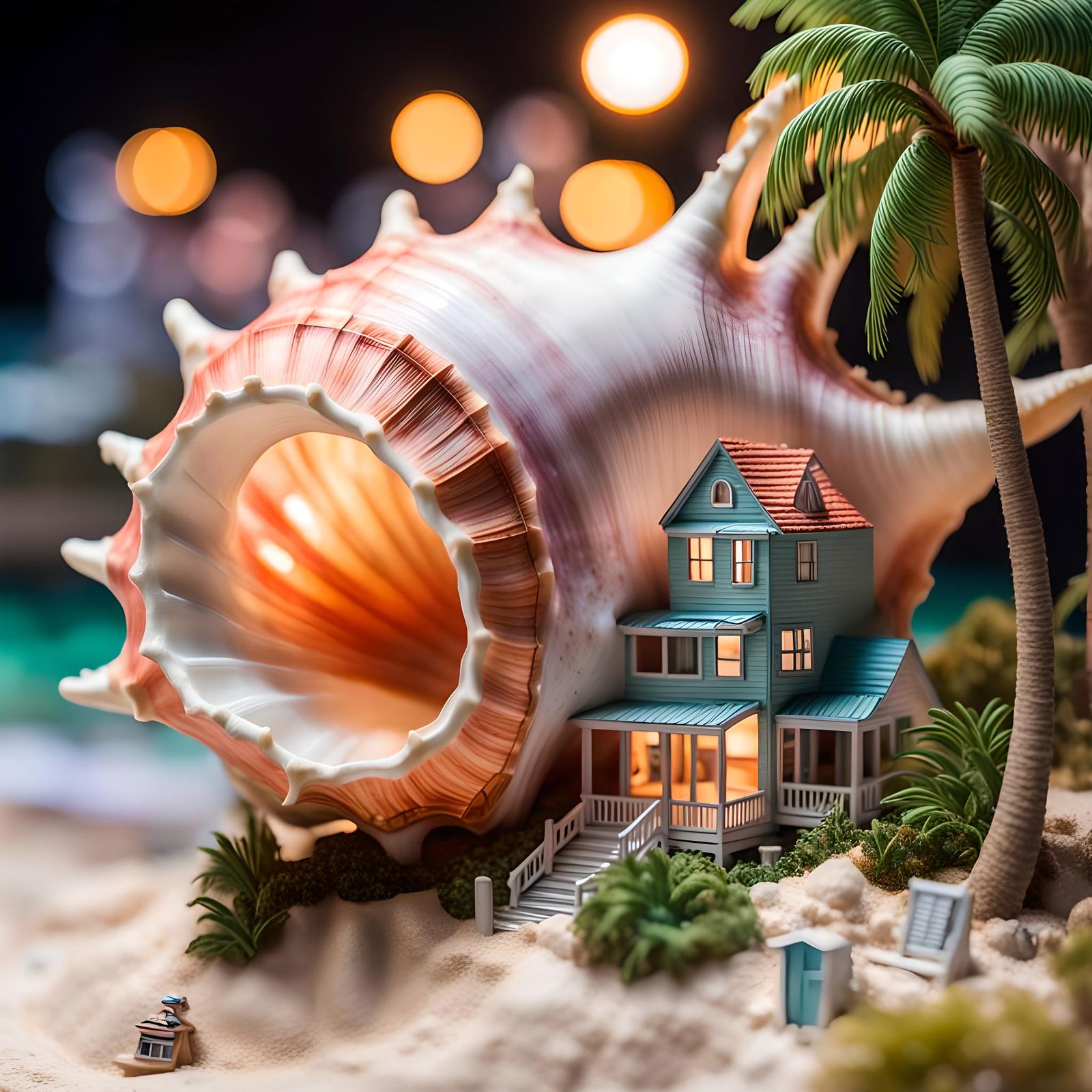 A huge conch shell, with a hyperrealisric intricately detail...