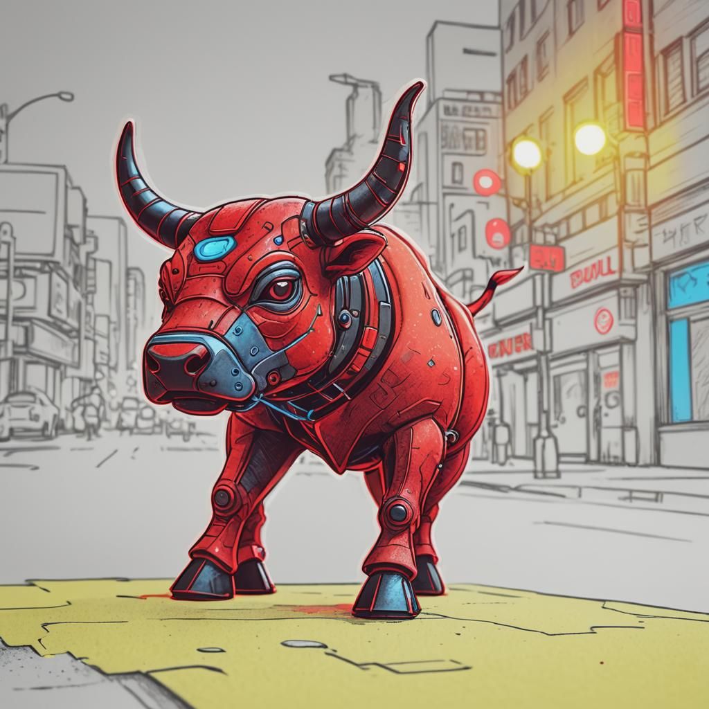 Red Felt Toy Bull in Cyberpunk Sketch Style
