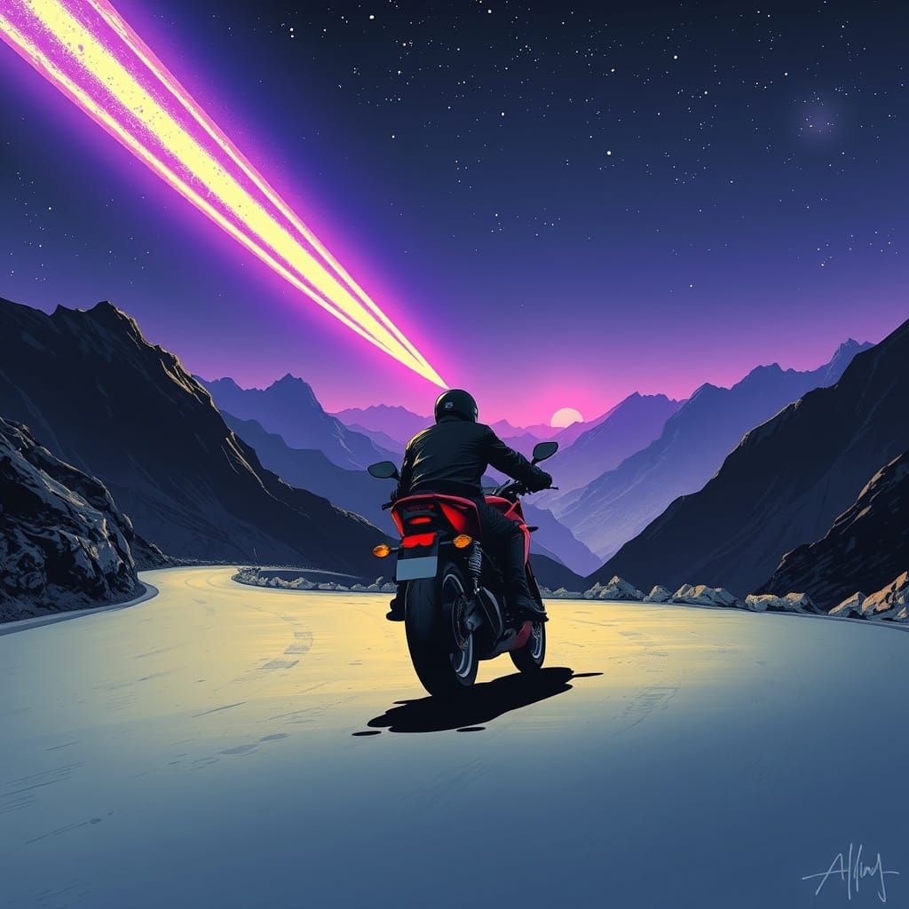 Motorcyclist Under Violet Comet in Cosmic Surrealism