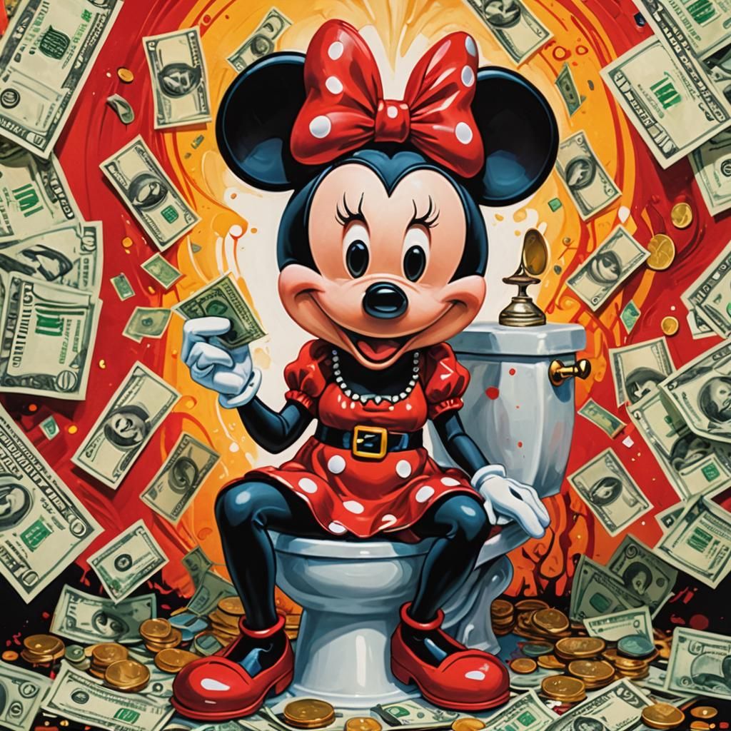 Sinister Minnie Mouse on Money Toilet in Gouache