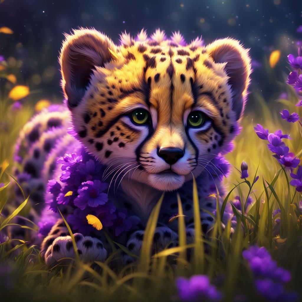 Cute Baby Cheetah in Grassy Fantasy Landscape