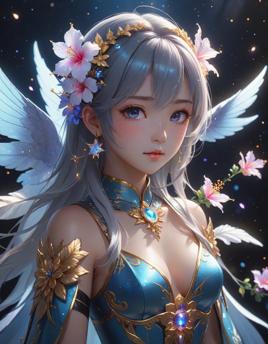 Celestial Being Descends with Crystal Flowers Anime Art