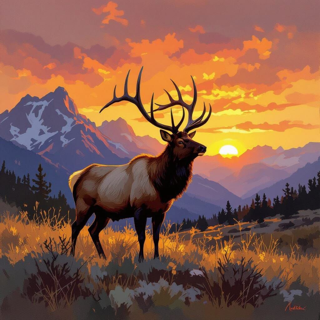 Majestic Elk in Mountain Sunset: Wildlife Art