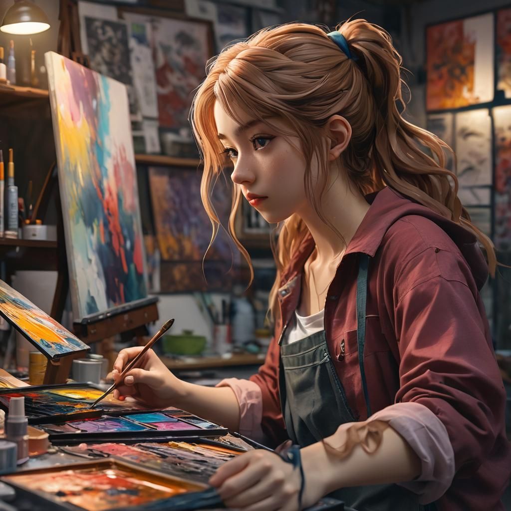 Anime Girl Painting in Studio with Cinematic Lighting