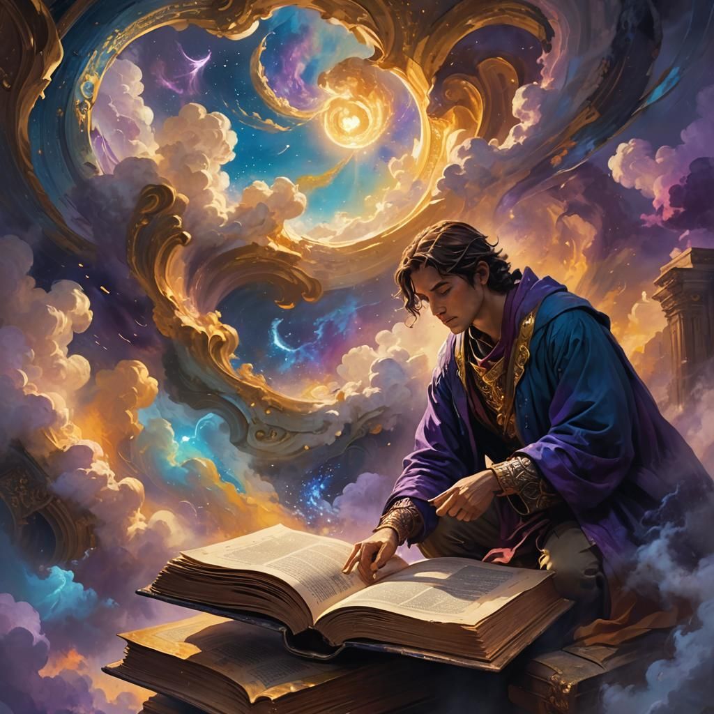 Person Gazing at Ancient Book in Dreamlike Style