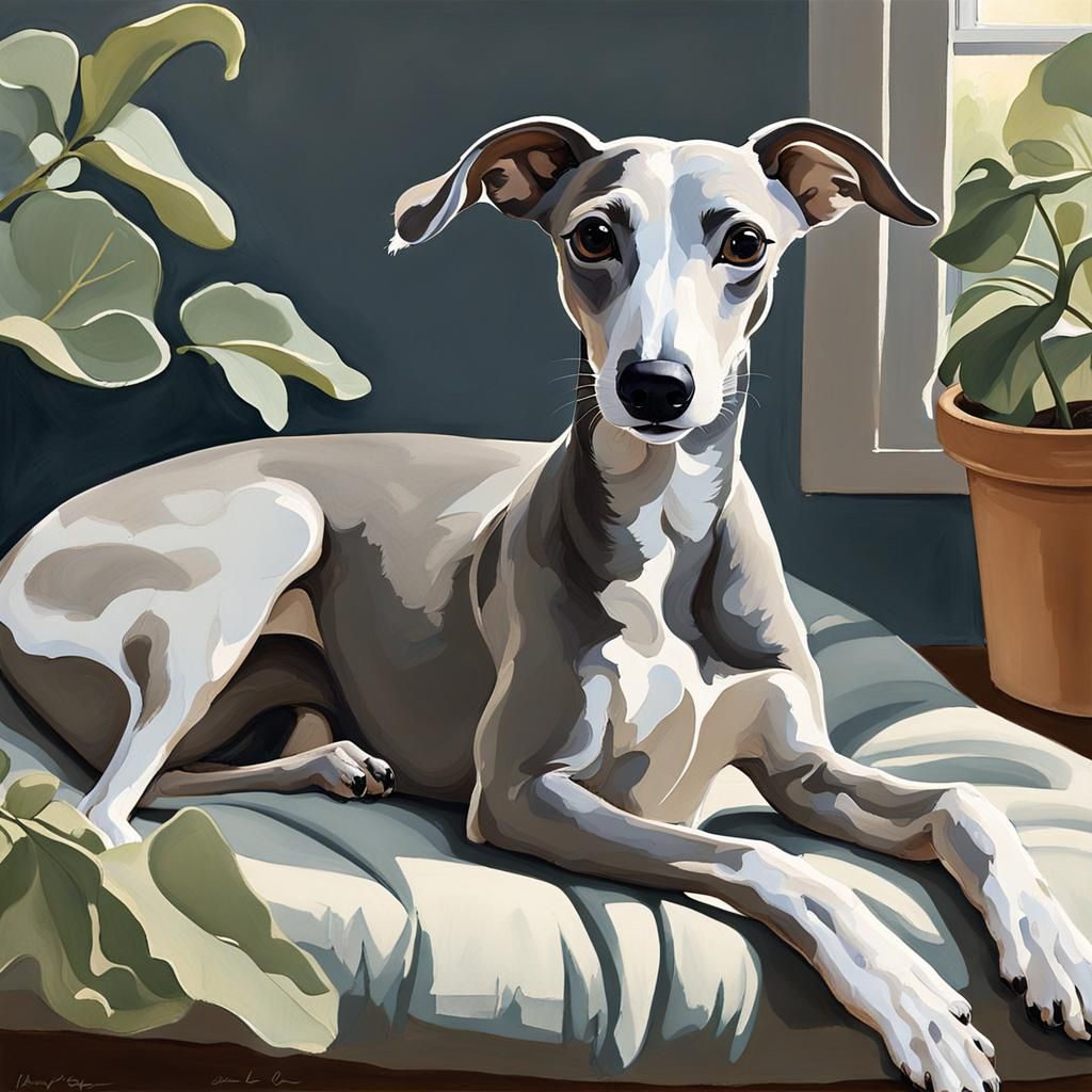Cute Whippet in Apartment, Gouache Style