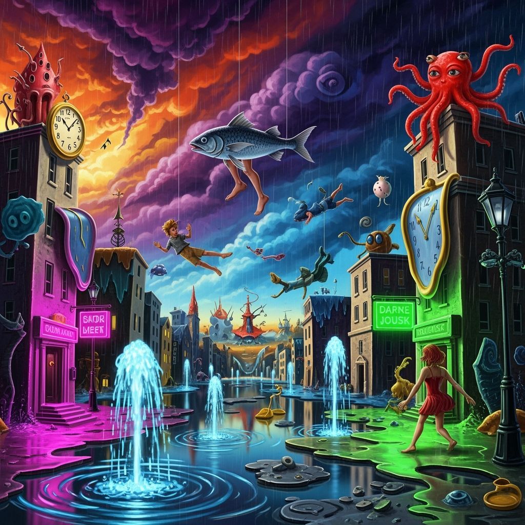 Surreal Dreamscape with Ascending Rain and Floating Figures