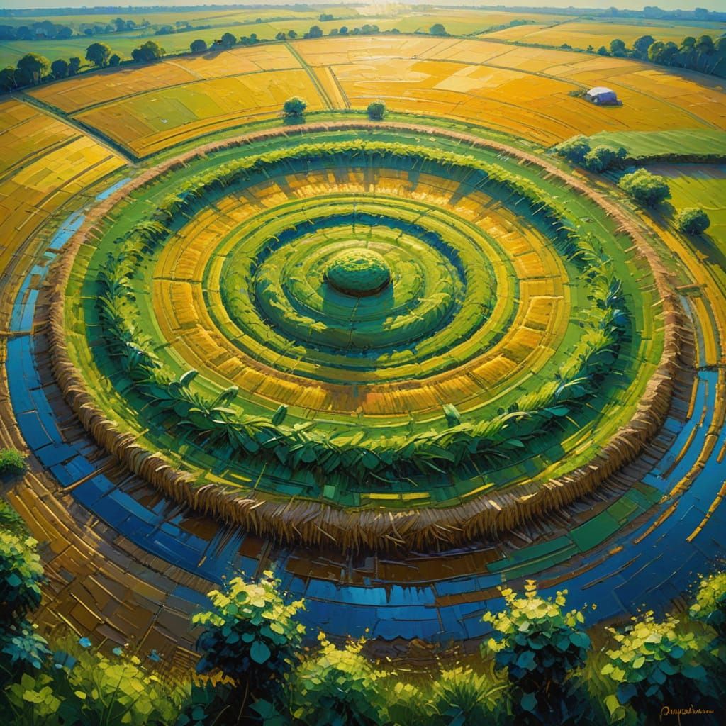 Intricate Crop Circles in Vast Field, Gouache Style