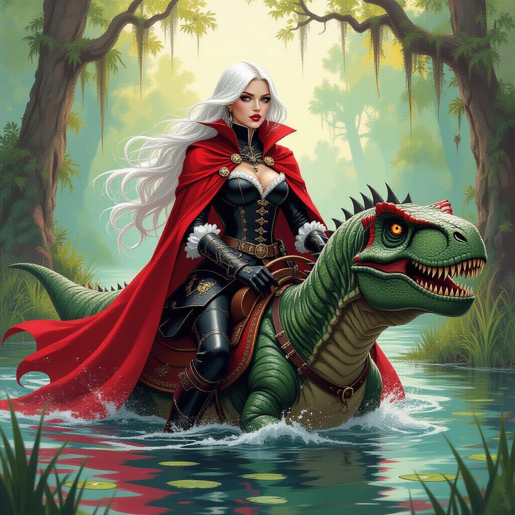 Vampire Girl Rides a Tyrannosaurus in Comic Book Style